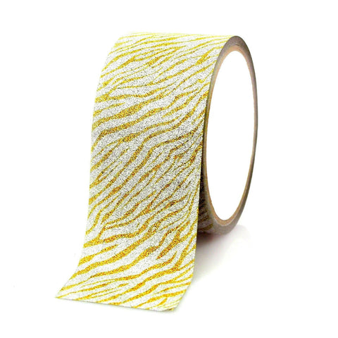 Glittery Zebra Print Tape Ribbon, 2-inch, 5-yard, Gold