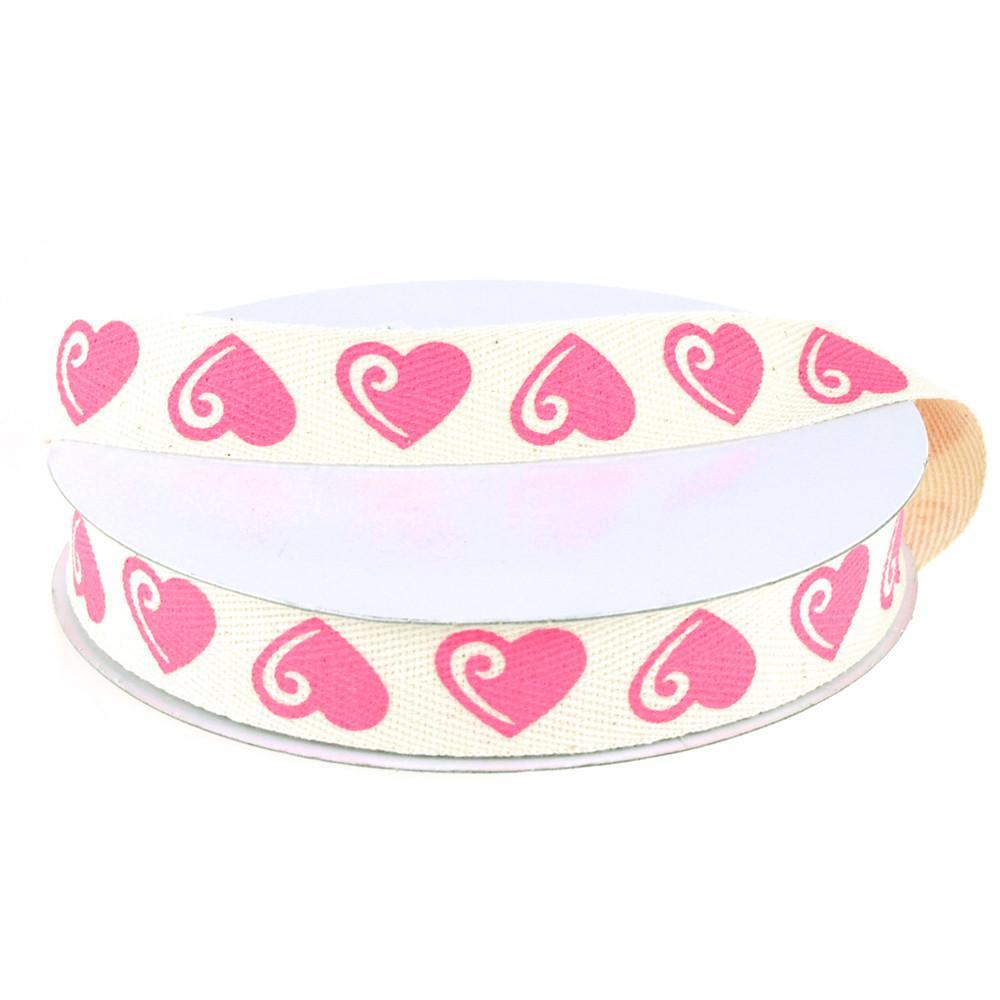 Pink Heart Print Cotton Twill Ribbon, 7/8-inch, 25-yard