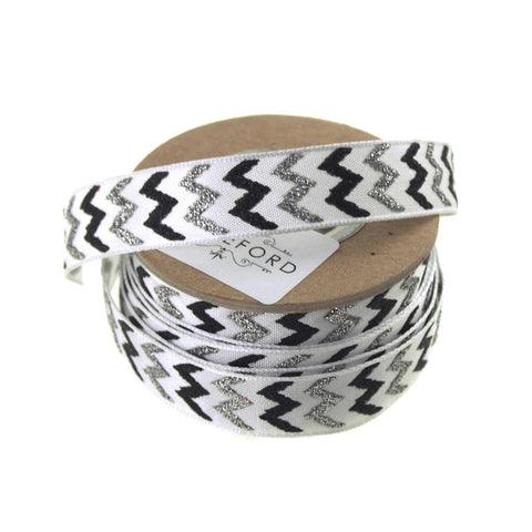 Glitter Chevron Satin Ribbon Wired Edge, 5/8-Inch, 9 Yards, Black/Silver