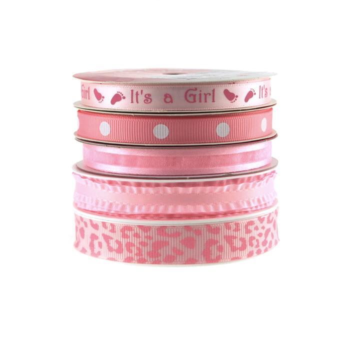 Baby Girl Petite Pink Bobbin Ribbon, 3/8-Inch, 5 Rolls