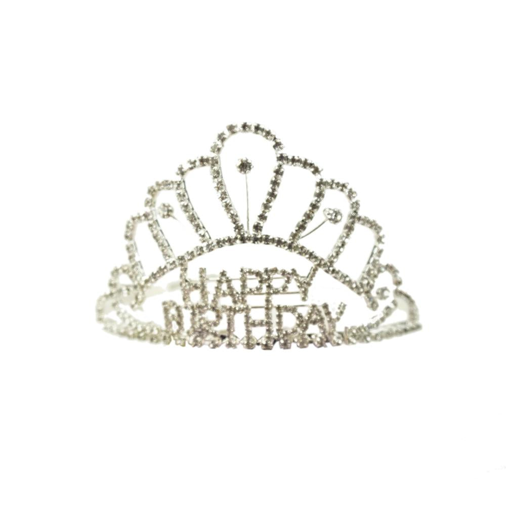 Rhinestone Happy Birthday Tiara, Silver, 3-Inch