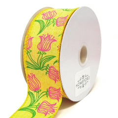 Fuchsia Tulips Outline Linen Wired Ribbon, 10 Yards