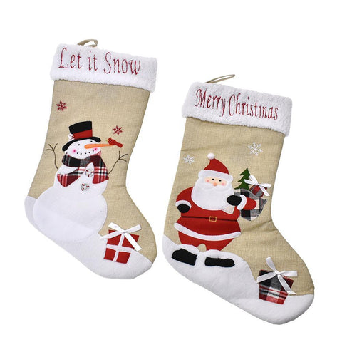 Santa & Snowman Linen Christmas Stocking, Natural, 20-Inch, 2-Piece