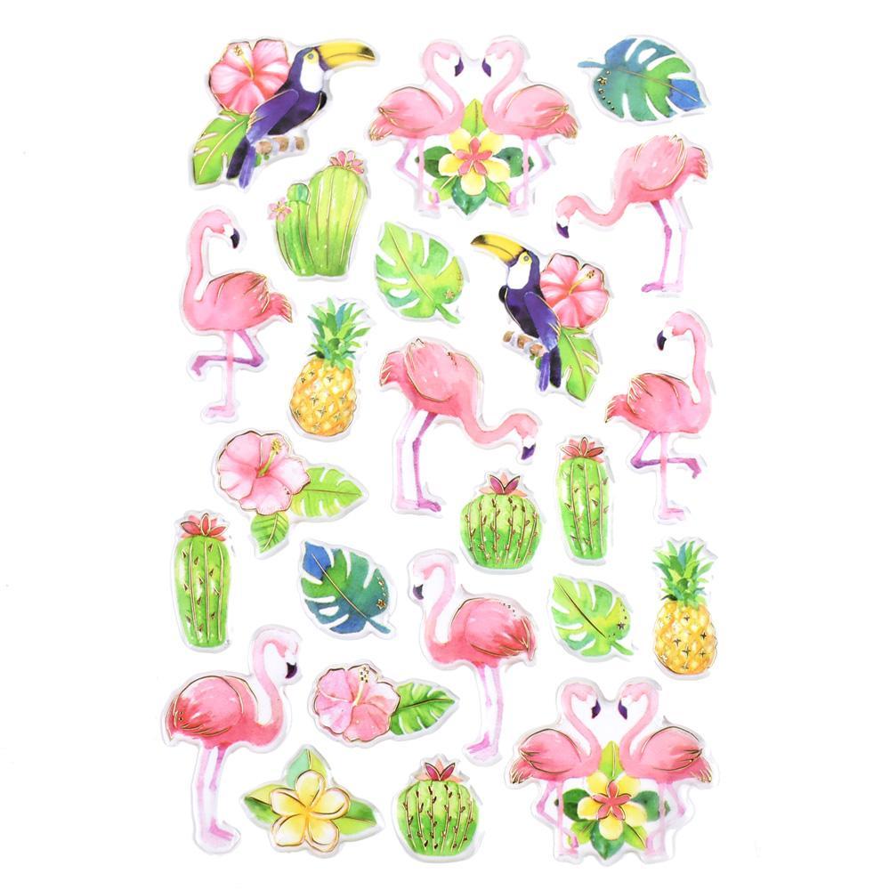 Tropical Flamingo Foil Accented Watercolor Epoxy Stickers, 24-Piece