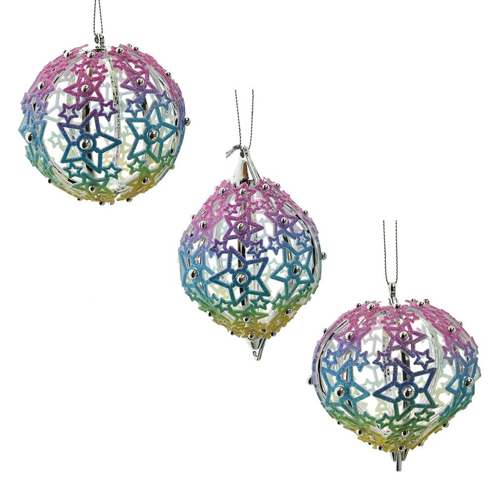 Multi-Color Star Pattern Ornaments, 3-Inch, 3-Piece