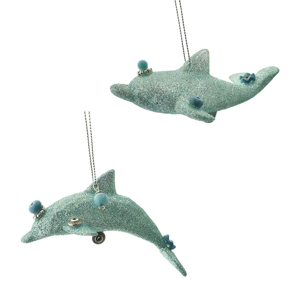 Dolphin with Glitter and Beads Ornaments, Aqua, 4-Inch, 2-Piece