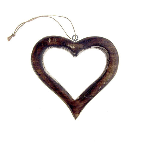 Hanging Distressed Wooden Heart Cut-Out Christmas Tree Ornament, 5-Inch
