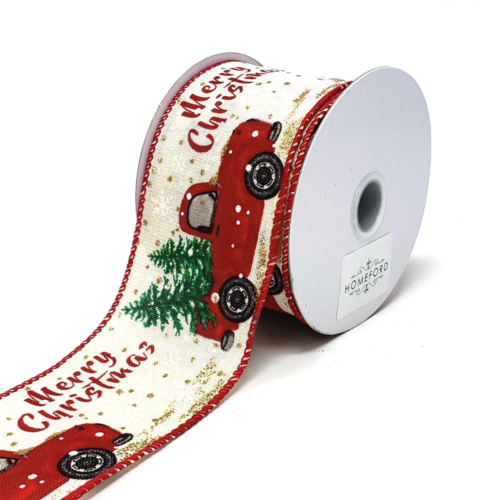 Merry Christmas Red Truck Linen Ribbon, 2-1/2-Inch, 10-Yard