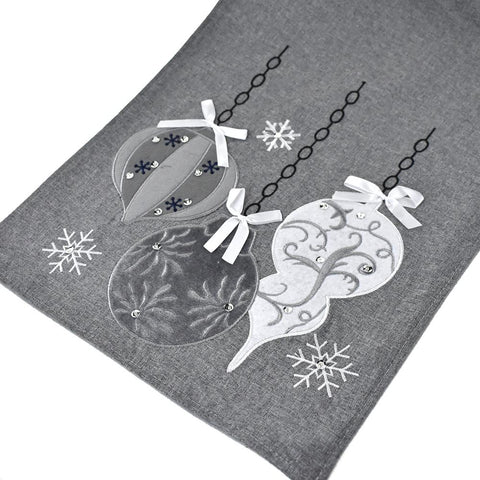 Embroidered Ornaments Christmas Table Runner, Grey, 14-Inch x 90-Inch