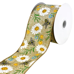 Printed Bees and Spring Flowers Wired Ribbon, 2-1/2-inch, 10-yard