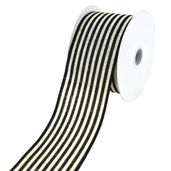 Cabana Stripes Faux Burlap Wired Ribbon, 10-yard, Black/Ivory