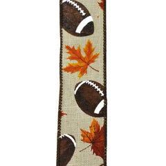 Autumn Leaves and Footballs Wired Ribbon, 10-yard