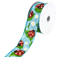 Ladybugs and Daisies Faux Linen Wired Ribbon, 1-1/2-inch, 10-yard