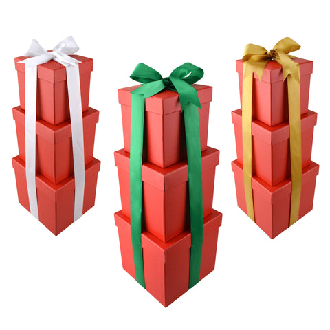 Nested Square Gift Boxes, Red, 5-inch, 6-inch, 7-inch, 3-piece, 1.5-inch Satin Ribbon