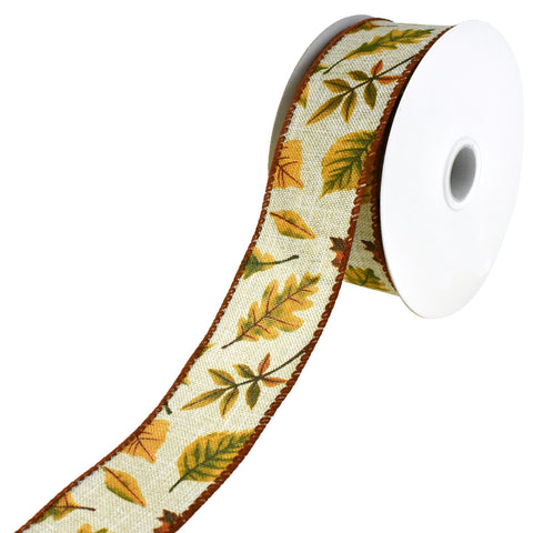 Autumn Falling Leaves Faux Linen Wired Ribbon, 10-yard