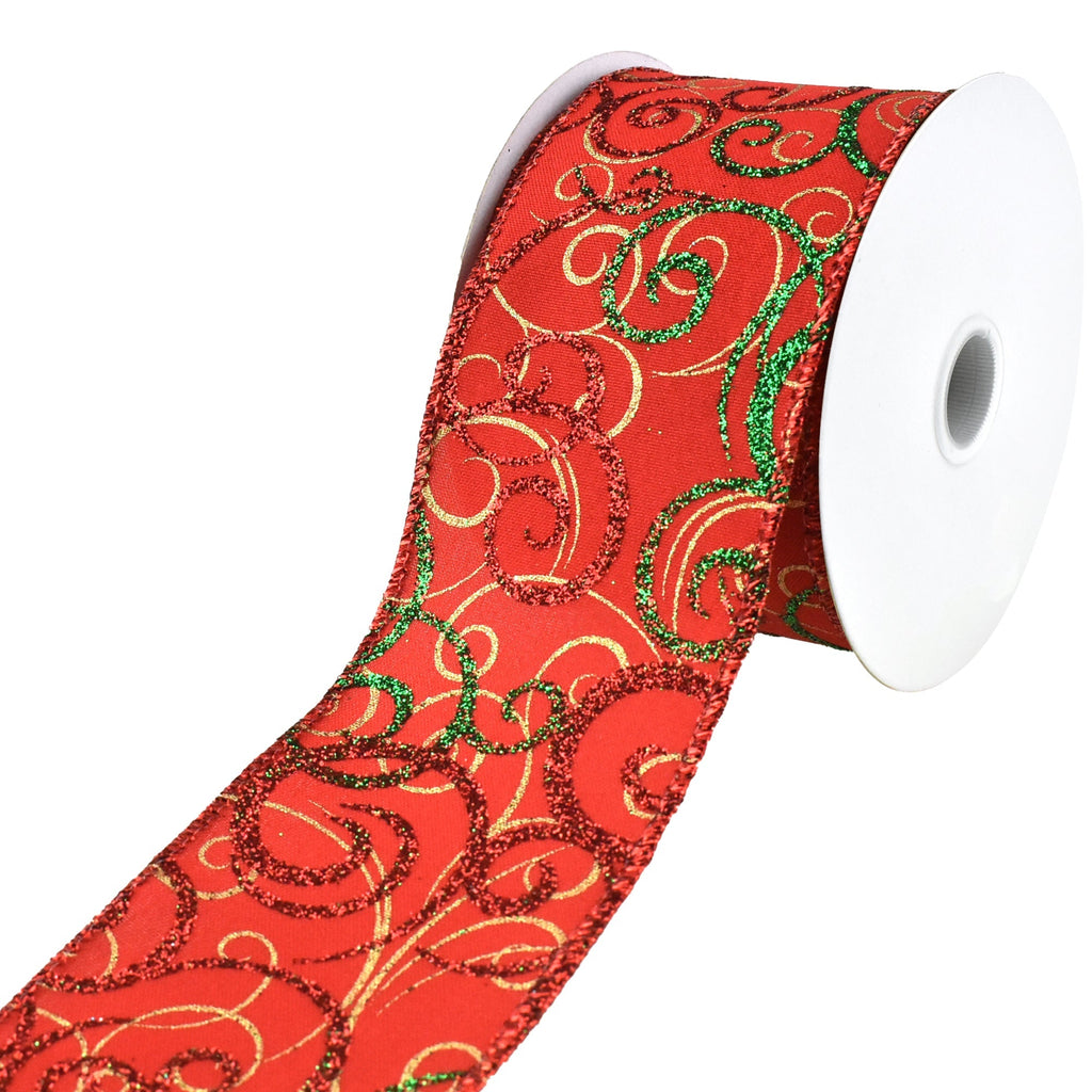 Christmas Satin Glitter Swirls Wired Ribbon, 2-1/2-Inch, 10-Yard