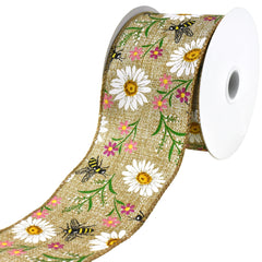 Printed Bees and Spring Flowers Wired Ribbon, 2-1/2-inch, 10-yard