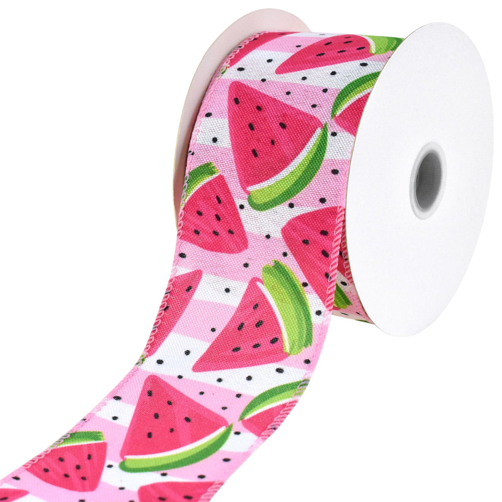 Refreshing Watermelon Slices Stripes Faux Linen Wired Ribbon, 2-1/2-inch, 10-yard