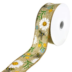 Printed Bees and Spring Flowers Wired Ribbon, 2-1/2-inch, 10-yard