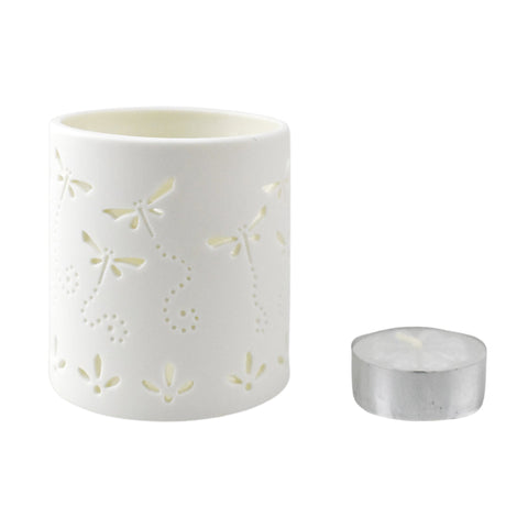 Dragonfly Ceramic Cylinder Tea Light Candle Holder, 2-3/4-inch, White