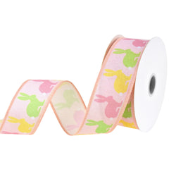 Pastel Easter Bunny Silhouettes Faux Linen Wired Ribbon, 1-1/2-inch, 10-yard