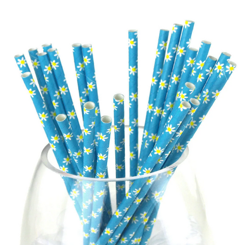 Flowers Paper Straws, 7-3/4-inch, 25-count, Blue