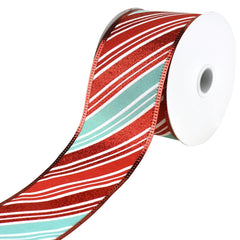 Christmas Glitter Candy Cane Stripes Wired Ribbon, 1-1/2-inch, 10-yard, Aqua/Red