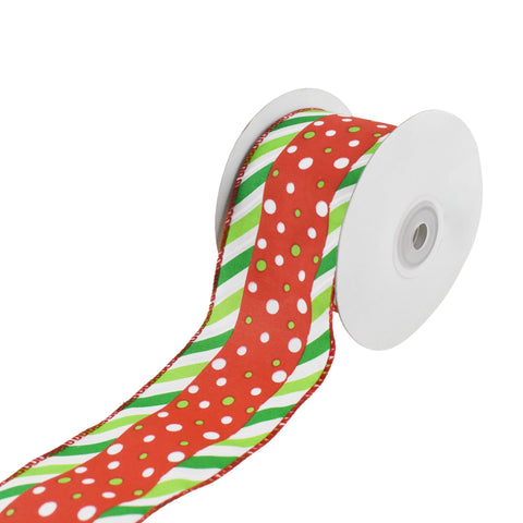 Christmas Polka Dots and Diagonal Ticking Wired Ribbon, 2-1/2-Inch, 10-Yard