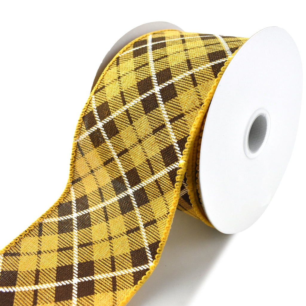 Autumn Plaid Printed Wired Ribbon, Sunflower Yellow, 2-1/2-Inch, 10-Yard