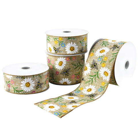 Printed Bees and Spring Flowers Wired Ribbon, 2-1/2-inch, 10-yard