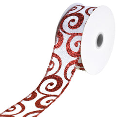 Christmas Glitter Swirls Satin Wired Ribbon, 10-yard