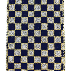 Glittered Checker Board Wired Ribbon, 4-Inch, 10-Yard - Navy Blue/Silver