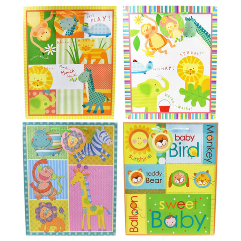 Baby Shower Playing Animals Gift Bags, 12-3/4-Inch, 4-Piece