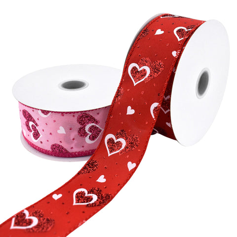 Valentine's Polka Dots Glittered Hearts Satin Wired Ribbon, 1-1/2-inch, 10-yard