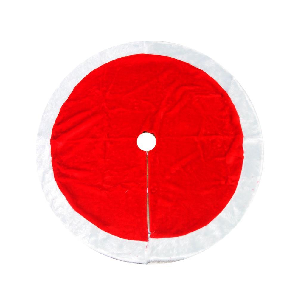 Red Plush Round Christmas Tree Skirt w/ White Edge,48-Inch